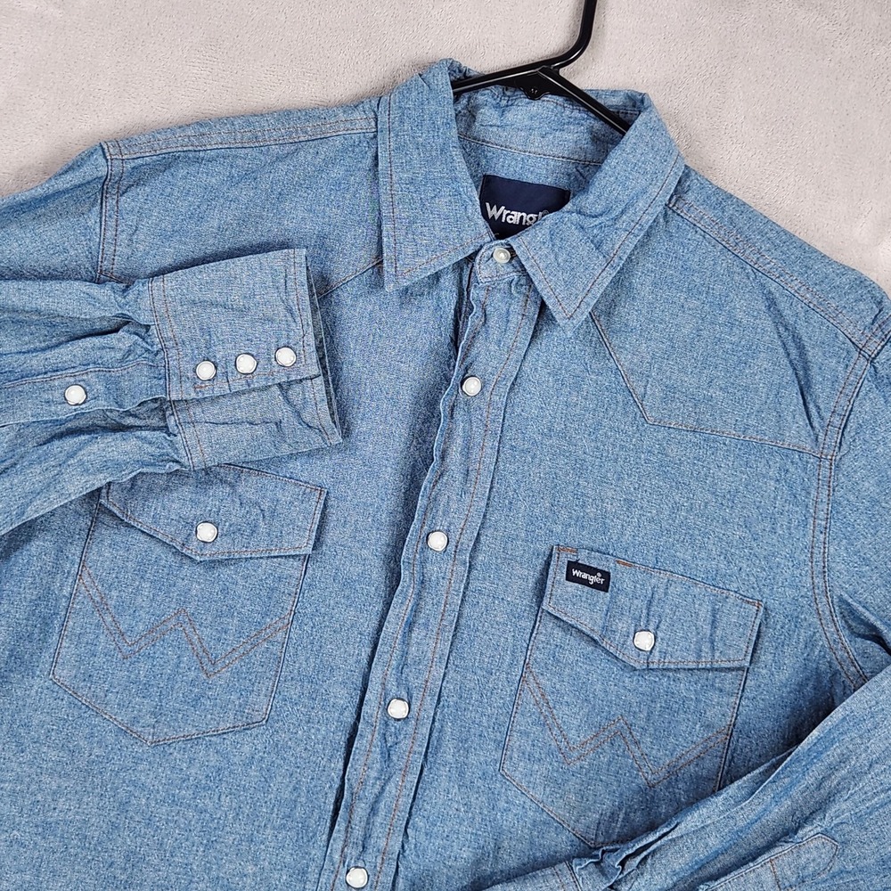 Wrangler Shirt Mens Large Blue Solid Chambray Western Pearl Snap Long Sleeve